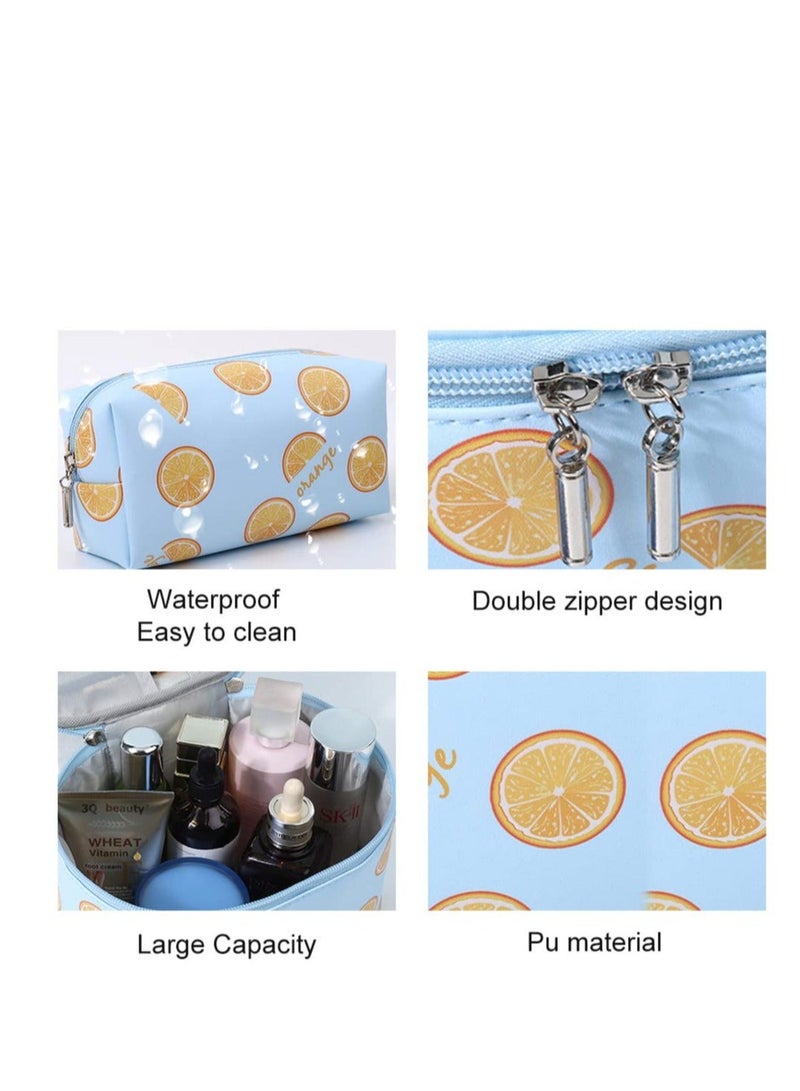 Bluejw Makeup Bag, 3 Pcs Set Waterproof Cosmetic Portable Toiletry Large Travel Organizer for Women and Girls with Fruit Lemon Pattern (Blue-Lemon) - Image 2