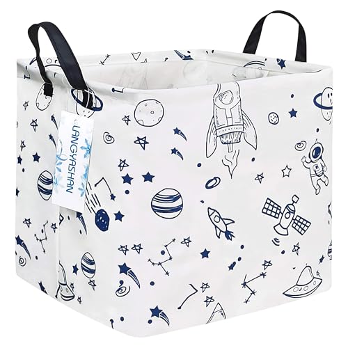 LANGYASHAN Square Storage Baskets Waterproof Canvas Children Laundry Nursery Hamper for Shelves Gift Baskets Toy Organizer Room Decor Square spaceship - Image 1