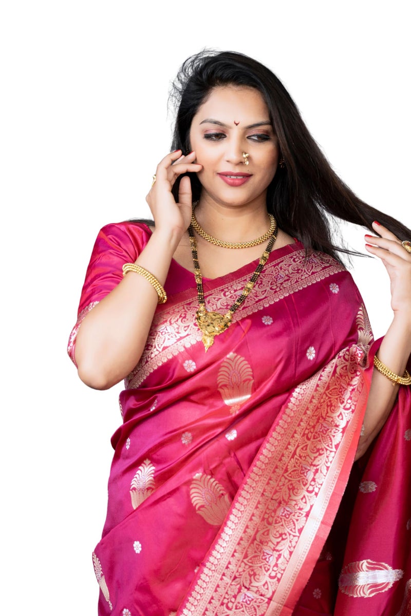 AMIRAT Women's Banarasi Silk Pure Golden Zari Woven With Blouse Piece (Wine(Red)) - Image 1