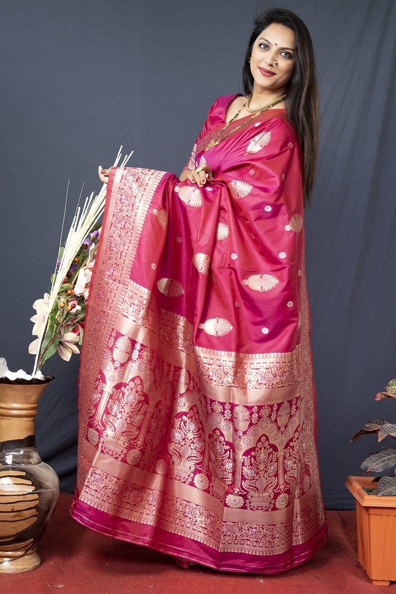 AMIRAT Women's Banarasi Silk Pure Golden Zari Woven With Blouse Piece (Wine(Red)) - Image 5