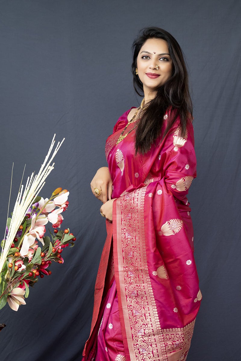 AMIRAT Women's Banarasi Silk Pure Golden Zari Woven With Blouse Piece (Wine(Red)) - Image 4
