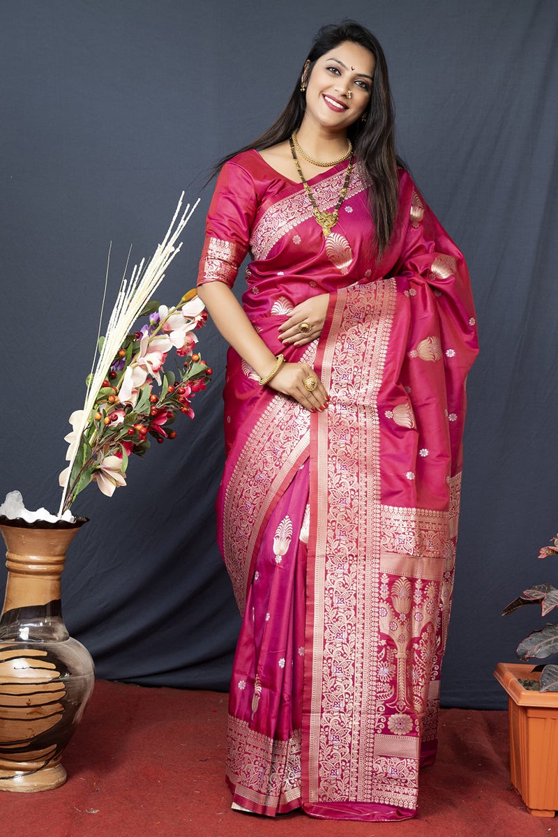 AMIRAT Women's Banarasi Silk Pure Golden Zari Woven With Blouse Piece (Wine(Red)) - Image 2