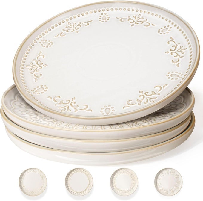 LARGE CERAMIC DINNER PLATES SET OF 4 1075 INCH EMBOSSED KITCHEN SALAD PLATES MODERN SERVING PLATES FOR RESTAURANT PLATES WITH LIPPED EDGES MICROWAVE DISHWASHER SAFE MULTIPLE PATTERNS