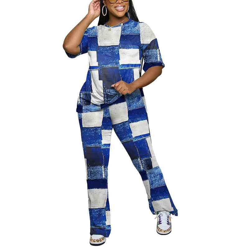 PINSV Womens Sets 2 Piece Outfits Casual Short Sleeve Top and Flare Pants Lounge Sets Tracksuit Blue B XXL - Image 5