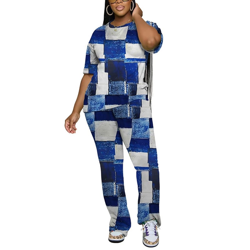 PINSV Womens Sets 2 Piece Outfits Casual Short Sleeve Top and Flare Pants Lounge Sets Tracksuit Blue B XXL - Image 4
