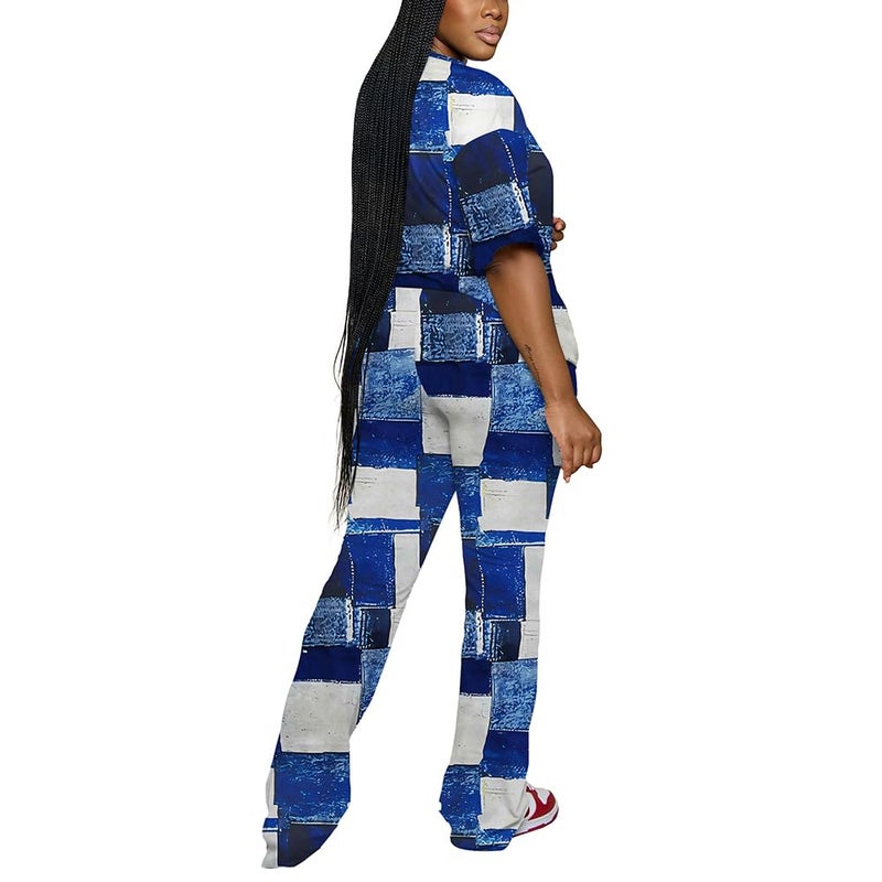 PINSV Womens Sets 2 Piece Outfits Casual Short Sleeve Top and Flare Pants Lounge Sets Tracksuit Blue B XXL - Image 2