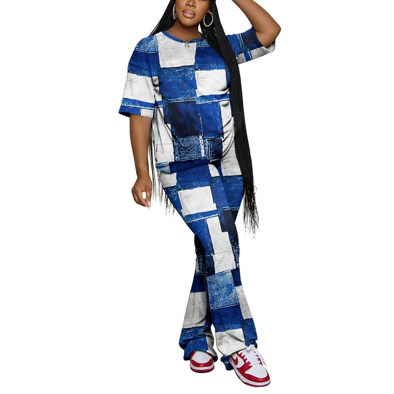 PINSV Womens Sets 2 Piece Outfits Casual Short Sleeve Top and Flare Pants Lounge Sets Tracksuit Blue B XXL - Image 1