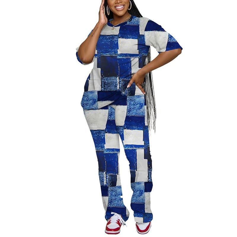 PINSV Womens Sets 2 Piece Outfits Casual Short Sleeve Top and Flare Pants Lounge Sets Tracksuit Blue B XXL - Image 3