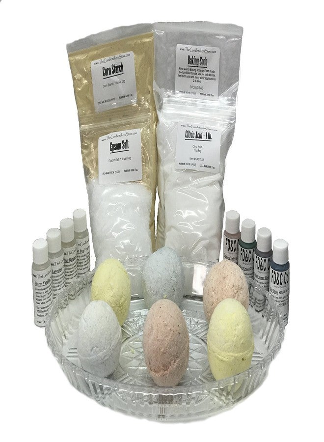 Complete Bath Bomb Starter Kit, 2 lbs. Baking Soda, 1 Lb. Citric, 1 lb. Corn Starch, 1 lb. Epsom Salt, 4 x 1 oz. fragrances, 4 x 1 oz. FD&C = Strawberry Red, Lemon Yellow, Sky Blue, Mint Green. Molds not included.