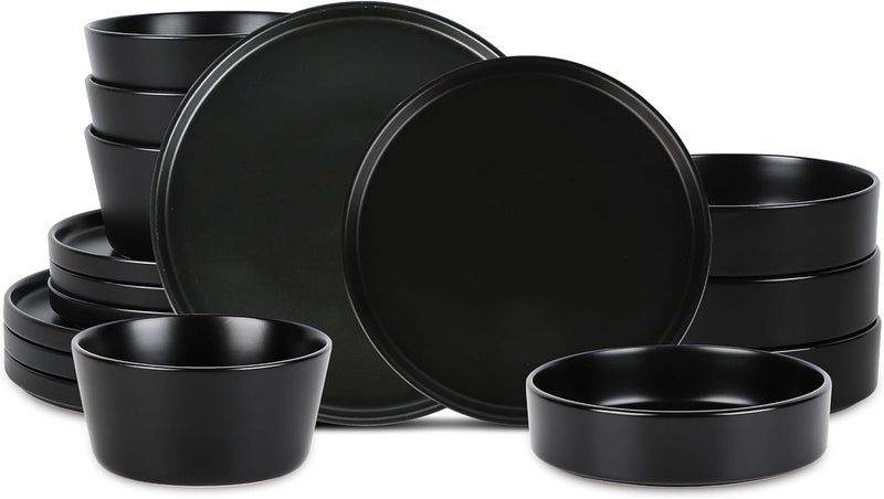 Stone Lain Celina Modern Stoneware 16Piece Dinnerware Set Cereal and Dinner Bowls Dinner Plates Plates and Bowl Set Dishes for 4 Black - Image 1