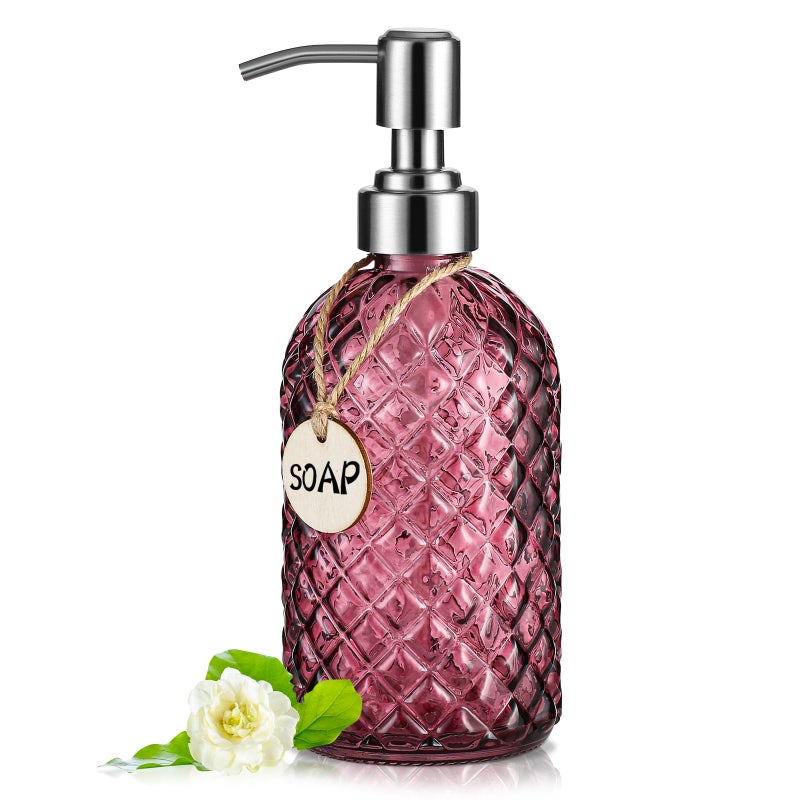 MOCLIF 16 OZ Clear Soap Dispenser with 304 Rustproof Stainless Steel Pump Bathroom Kitchen,Refillable Liquid Glass Soap Dispenser for Hand Soap, Dish Soap, Lotion(Purple) - Image 1