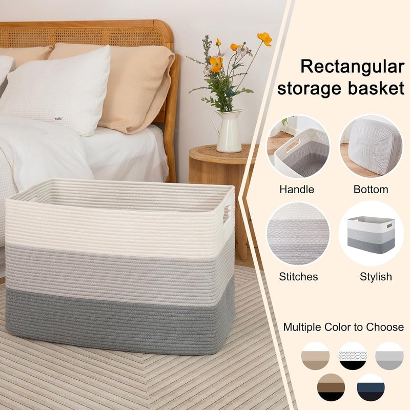 OIAHOMY Large Cotton Rope Basket - Rectangle Woven Storage for Nursery, Living Room, Toys - With Handle - 24.8"x15.7"x15.7" - Gradient Grey - Image 5