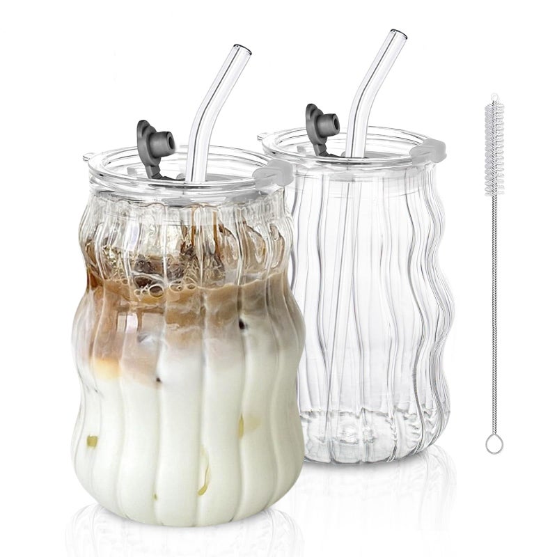 KEMORELA Ribbed Glass Cups with Lids and Straws â€“ Unique Glasses for Iced Coffee, 18oz Vintage Design, Ideal Wavy Coffee Cups with Straws, Bubble Glass Aesthetic, Clear Ribbed Glasses - Image 1