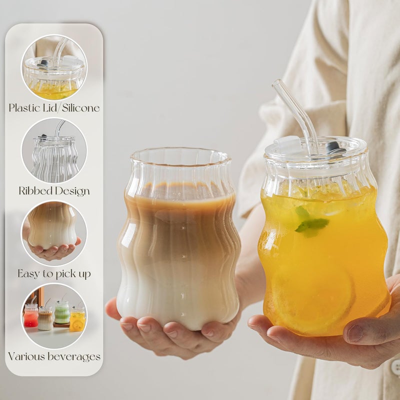 KEMORELA Ribbed Glass Cups with Lids and Straws â€“ Unique Glasses for Iced Coffee, 18oz Vintage Design, Ideal Wavy Coffee Cups with Straws, Bubble Glass Aesthetic, Clear Ribbed Glasses - Image 5