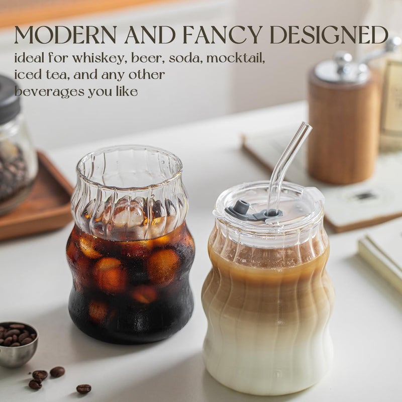 KEMORELA Ribbed Glass Cups with Lids and Straws â€“ Unique Glasses for Iced Coffee, 18oz Vintage Design, Ideal Wavy Coffee Cups with Straws, Bubble Glass Aesthetic, Clear Ribbed Glasses - Image 2