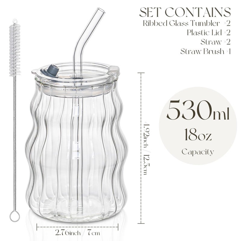 KEMORELA Ribbed Glass Cups with Lids and Straws â€“ Unique Glasses for Iced Coffee, 18oz Vintage Design, Ideal Wavy Coffee Cups with Straws, Bubble Glass Aesthetic, Clear Ribbed Glasses - Image 3