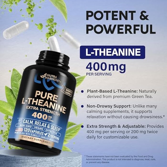 NUTRAHARMONY L Theanine 400 mg | L-Theanine Stress Relief | Extra Strength Supplement | Made in USA | Relaxation, Sleep & Calm Support | For Men & Women | Plant Based, Non-GMO & Gluten-Free | 120 Vegan Capsules - Image 5
