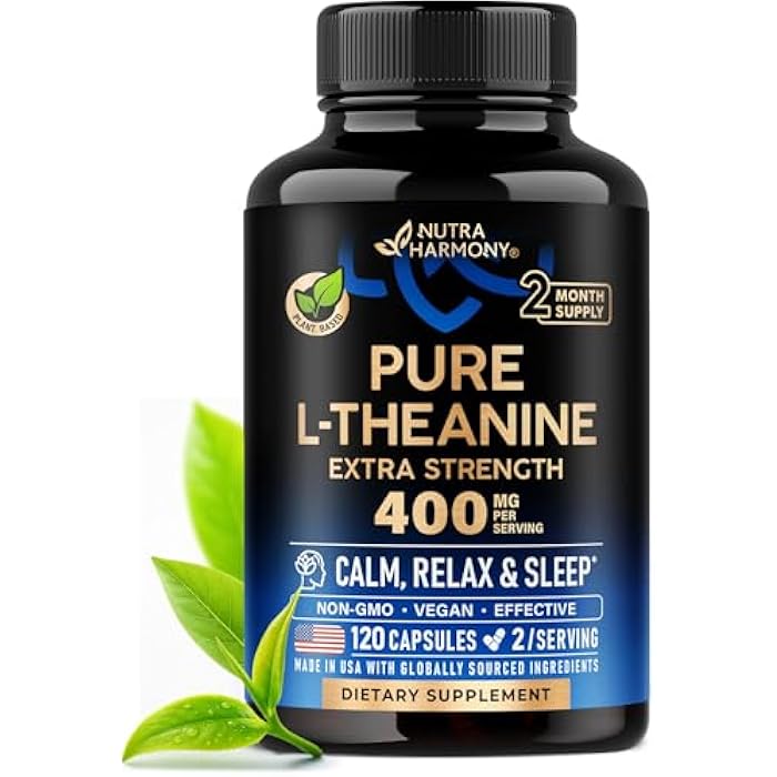 NUTRAHARMONY L Theanine 400 mg | L-Theanine Stress Relief | Extra Strength Supplement | Made in USA | Relaxation, Sleep & Calm Support | For Men & Women | Plant Based, Non-GMO & Gluten-Free | 120 Vegan Capsules - Image 1