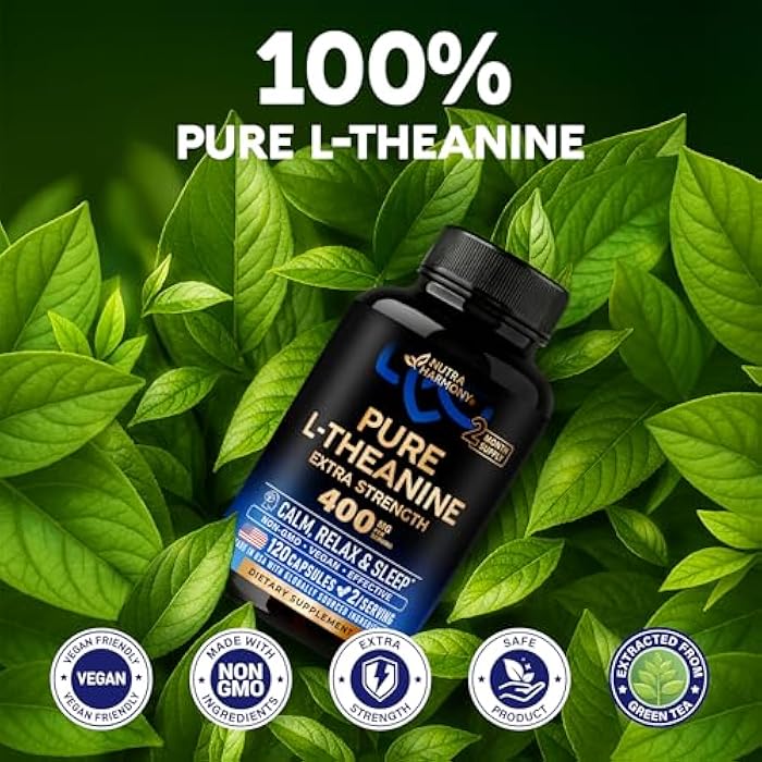 NUTRAHARMONY L Theanine 400 mg | L-Theanine Stress Relief | Extra Strength Supplement | Made in USA | Relaxation, Sleep & Calm Support | For Men & Women | Plant Based, Non-GMO & Gluten-Free | 120 Vegan Capsules - Image 4