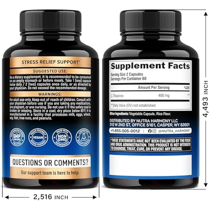 NUTRAHARMONY L Theanine 400 mg | L-Theanine Stress Relief | Extra Strength Supplement | Made in USA | Relaxation, Sleep & Calm Support | For Men & Women | Plant Based, Non-GMO & Gluten-Free | 120 Vegan Capsules - Image 2