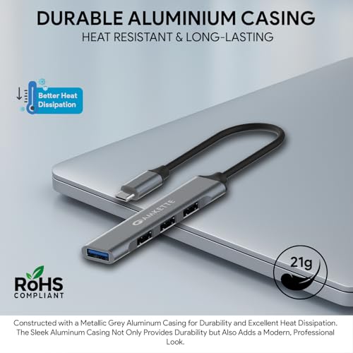 Amkette محور USB C Amkette 4 منافذ - محور نوع C للابتوب/الكمبيوتر مع منفذ USB 3.0 لنقل بيانات فائق السرعة بسرعة 5 Gbps، 1*منفذ USB 3.0، 3*منافذ USB 2.0، تصميم معدني أنيق، متوافق عالميًا - Image 4