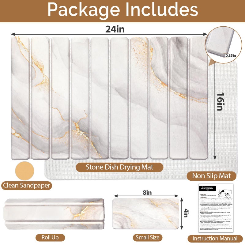 Linidcoud Large Stone Dish Drying Mat for Kitchen Counter,Quick Dry Stone Dishes Mats,Marbled Water Absorbing Diatomaceous Earth Drying Pad for Countertop Bottles Utensils Cups(Yellow White 24"x16"&8"x4") - Image 2
