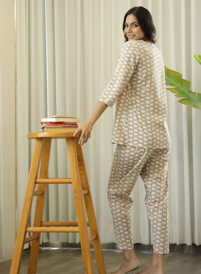 sanskrutihomes Elephant Print Cotton Shirt & Pyjama Set by Styli