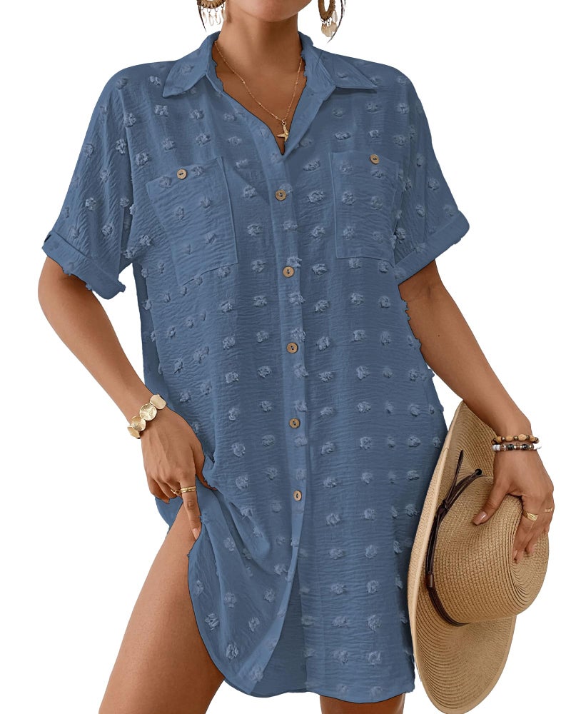 Bsubseach Swimsuit Coverup for Women Swiss Dot Bathing Suit Swimwear Button Down Beach Shirt Cover Up Resort Wear Haze Blue M - Image 1