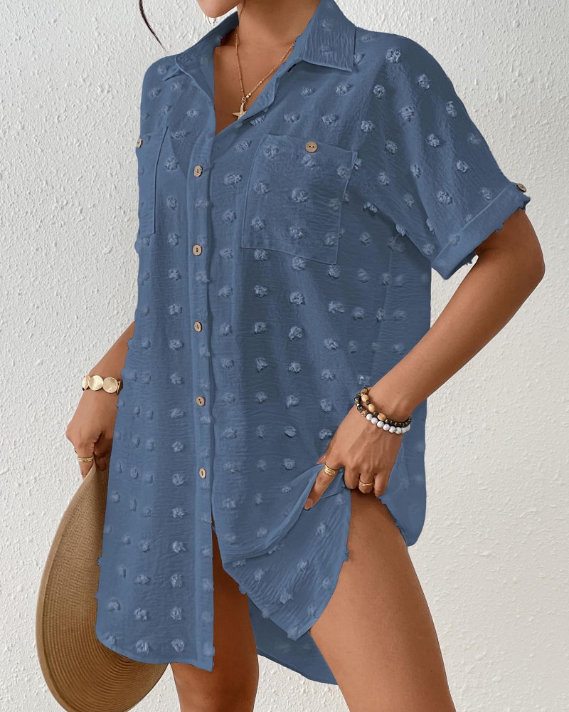 Bsubseach Swimsuit Coverup for Women Swiss Dot Bathing Suit Swimwear Button Down Beach Shirt Cover Up Resort Wear Haze Blue M - Image 4