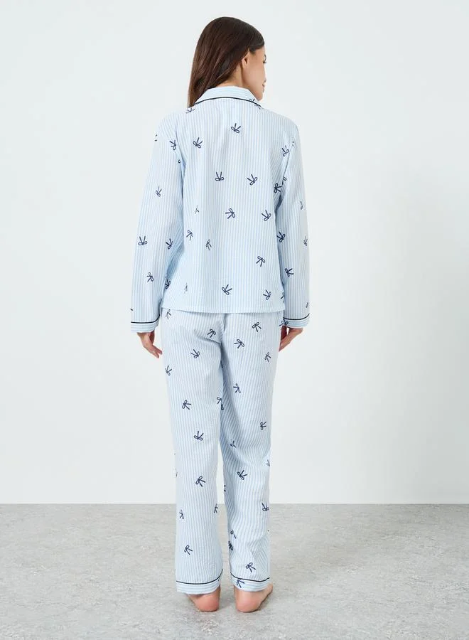 Take Two  Light Blue Striped Bow Print Shirt and Pyjama Set for Women | Best Price UAE