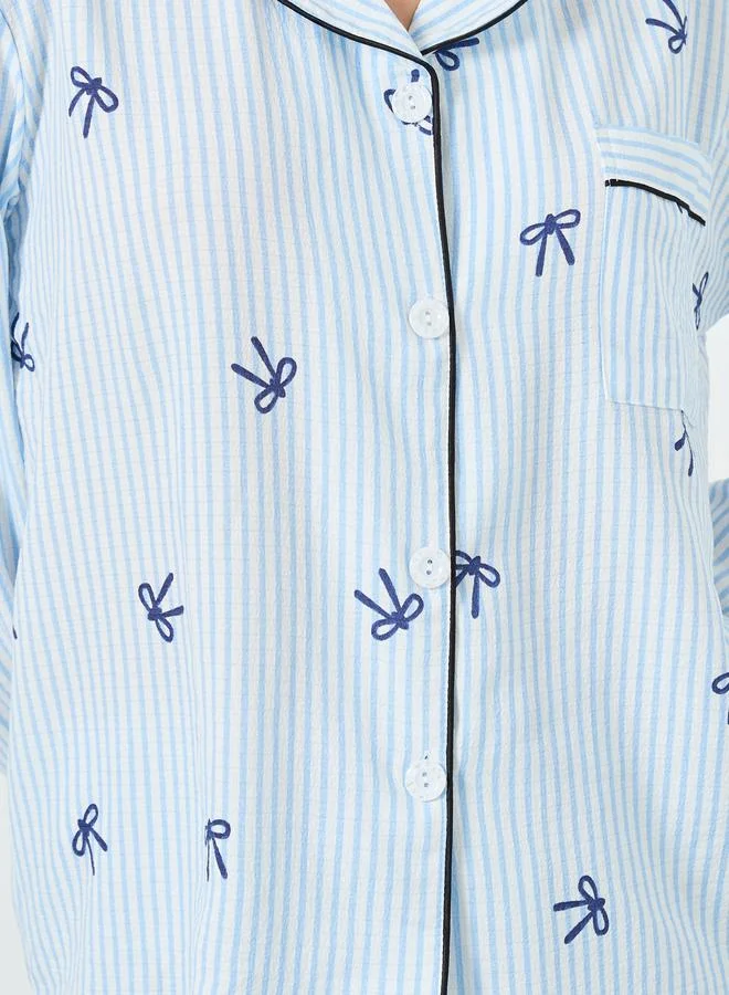 Take Two  Light Blue Striped Bow Print Shirt and Pyjama Set for Women | Best Price UAE