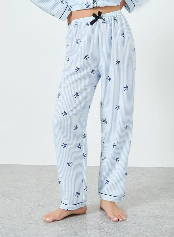 Take Two  Light Blue Striped Bow Print Shirt and Pyjama Set for Women | Best Price UAE