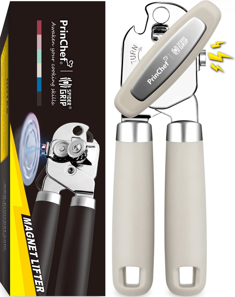 PrinChef Can Opener Manual Can Tin Bottle Opener with Magnet  NoTroubleLidLift Handheld Can Opener Smooth Edge with Sharp Blade Heavy Duty and Easy to Use for Seniors with Arthritis White