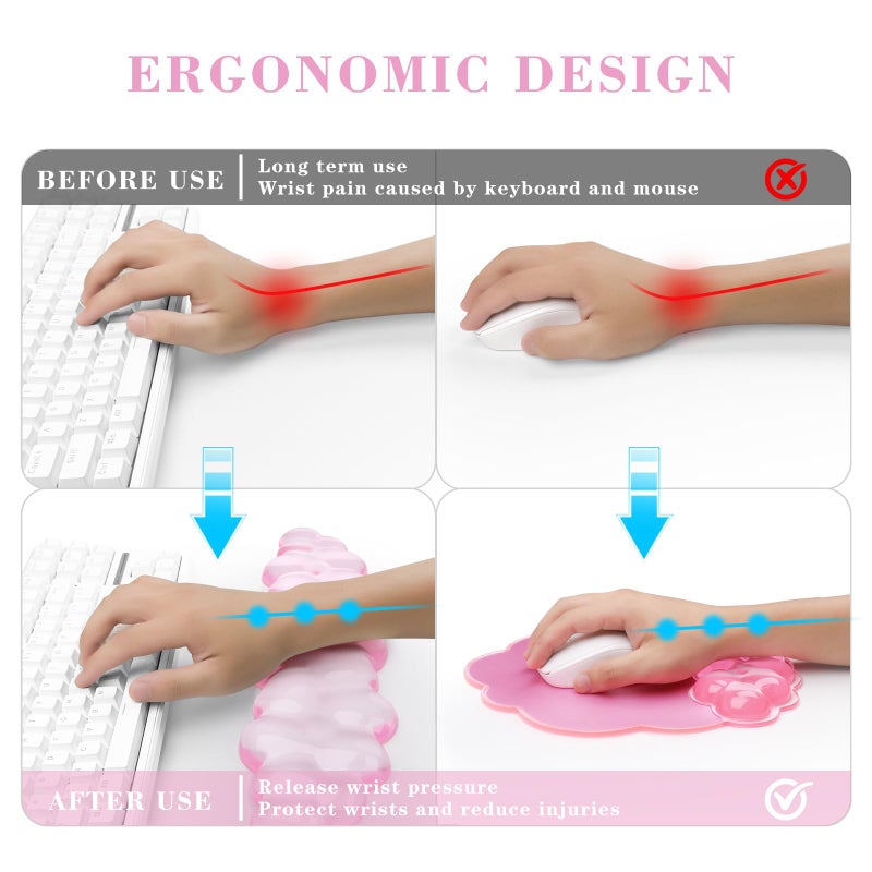 KEPUTAIER Gel Cloud Keyboard and Mouse Wrist Rest, Cute Wrist Support and Arm Support Rest for Typing Pain Reliefï¼ŒSuitable for Office/Computer/Laptop/Gaming Set-Pink - Image 2