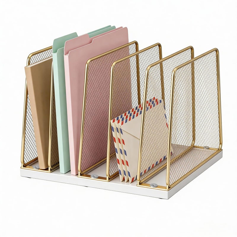 LEKETREE Gold Desk File Organizer, 5-Section Upright File Sorter, Vertical File Folder Holder, Mesh Metal Wood Office Desktop Organization for Document, Magazine, Books and more (White and Gold) - Image 1