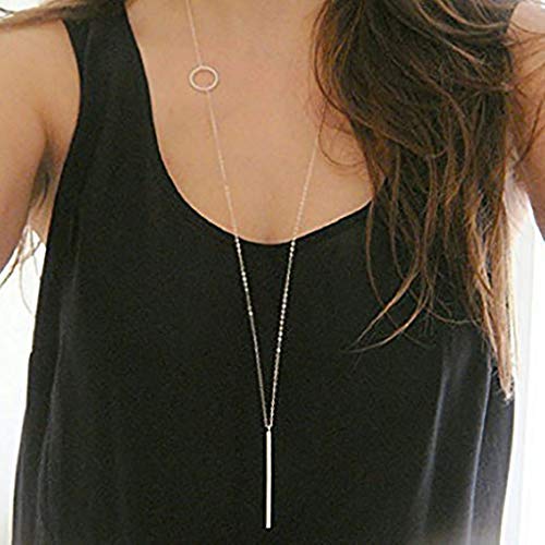 Fdesigner Leiothrix Long Pendant Necklace Silver Bar Necklaces Jewelry Y-Chain Circle Round Necklace for Women and Girls (Silver) - Image 2