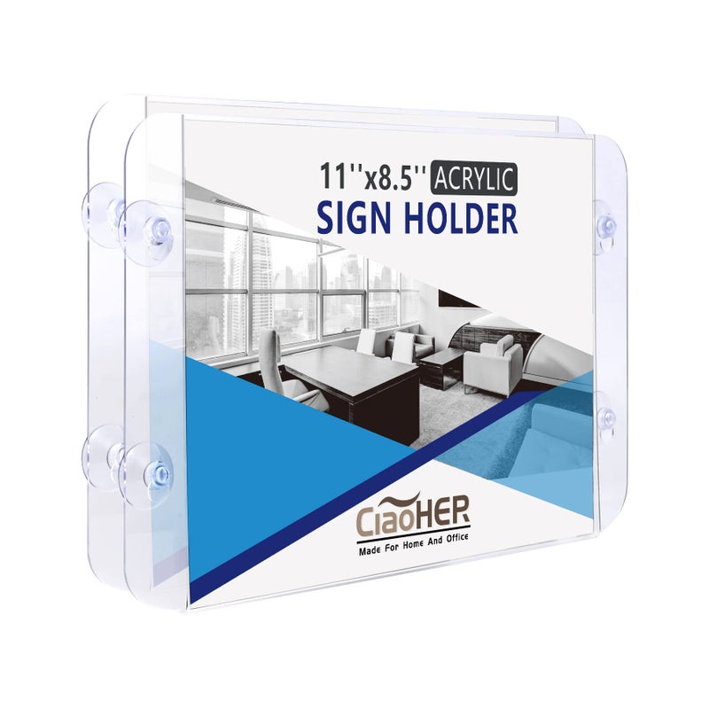 CiaoHER Acrylic Sign Holder 11 x 85 Clear Acrylic Frames Glass Window Wall Mount Advertising Signage Sign Holder with 4 Suction Cups for Mall Office Home Restaurant Landscape 2 Pack