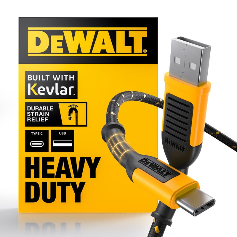 DEWALT Heavy Duty USB C Cable, Premium Braided Nylon USB A to Type C Charger Cable Fast Charging for iPhone 17/16/15 Series, Samsung Galaxy S10 S10+ / Note 9, LG V30 (USB 2.0, Black) - Image 1