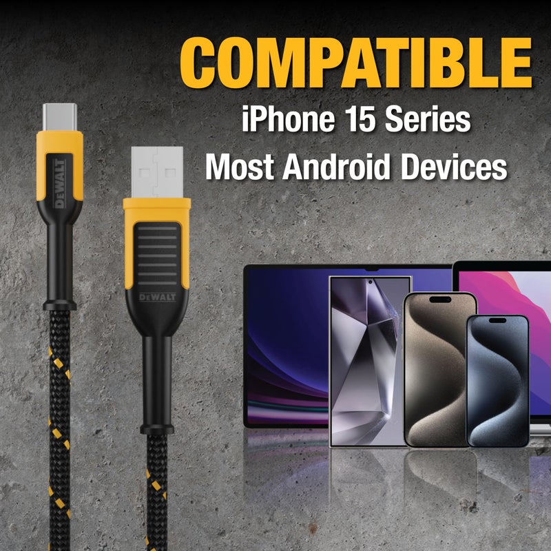 DEWALT Heavy Duty USB C Cable, Premium Braided Nylon USB A to Type C Charger Cable Fast Charging for iPhone 17/16/15 Series, Samsung Galaxy S10 S10+ / Note 9, LG V30 (USB 2.0, Black) - Image 5