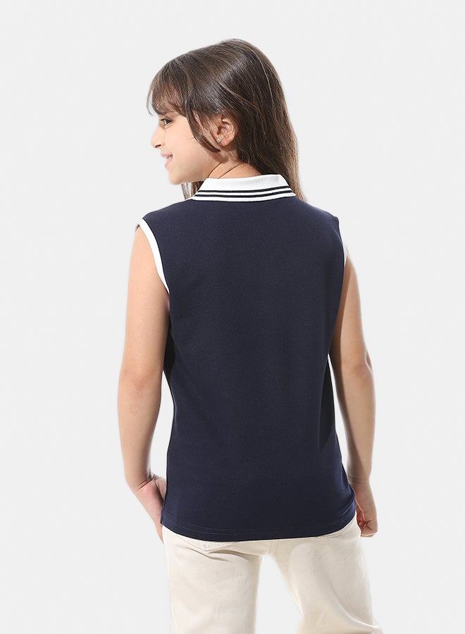 Andora Sleeveless Pique Girls Polo Shirt_Navy Blue & White - Image 4