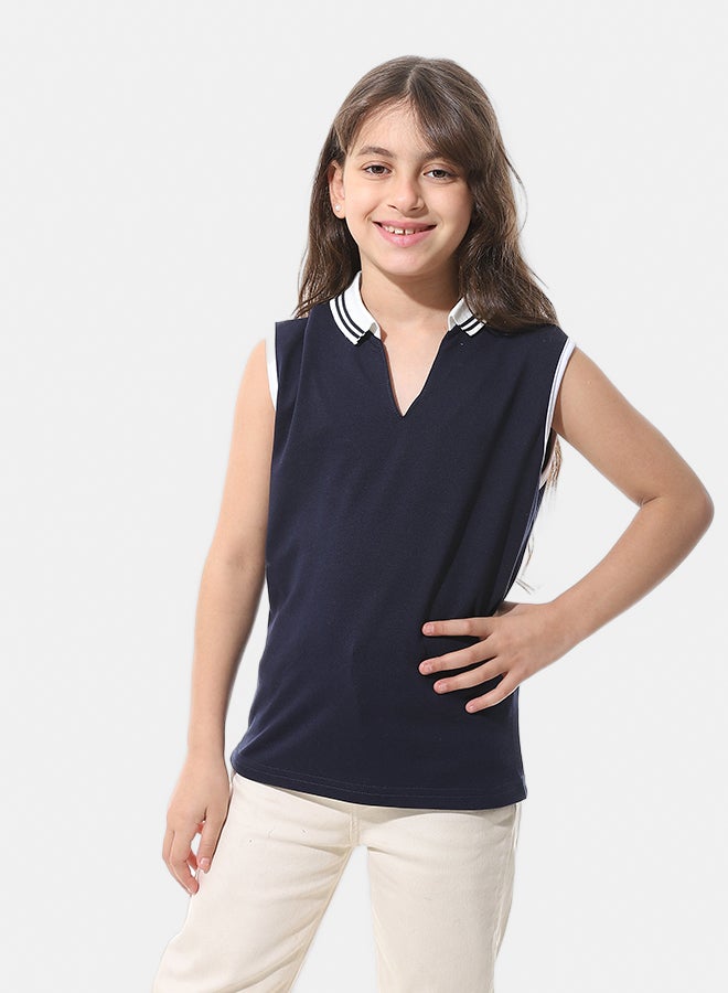 Andora Sleeveless Pique Girls Polo Shirt_Navy Blue & White - Image 1