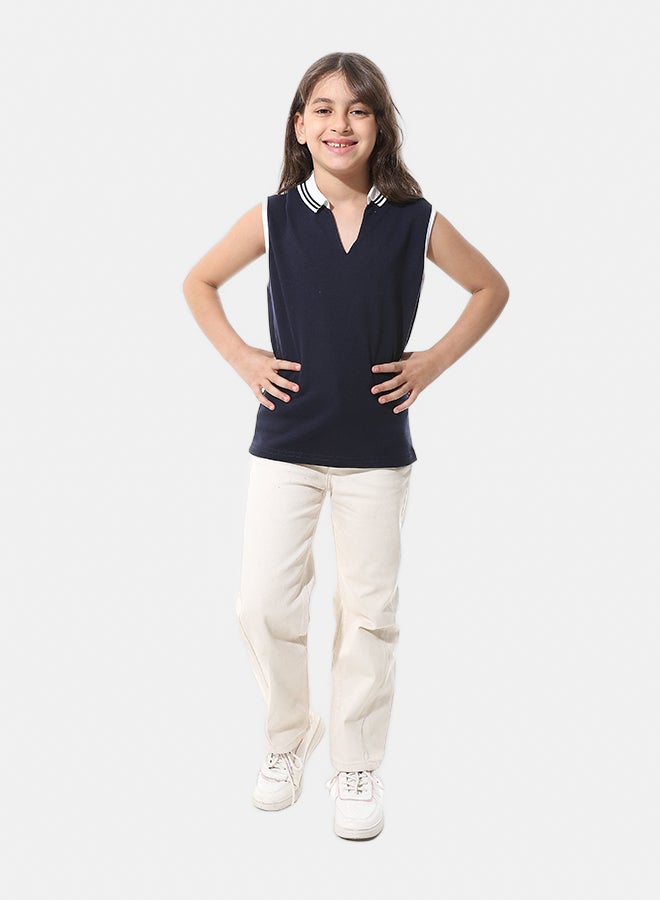 Andora Sleeveless Pique Girls Polo Shirt_Navy Blue & White - Image 5