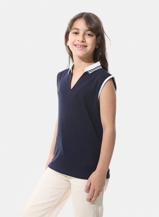Andora Sleeveless Pique Girls Polo Shirt_Navy Blue & White - Image 2