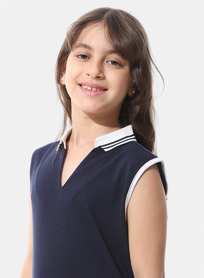 Andora Sleeveless Pique Girls Polo Shirt_Navy Blue & White - Image 3