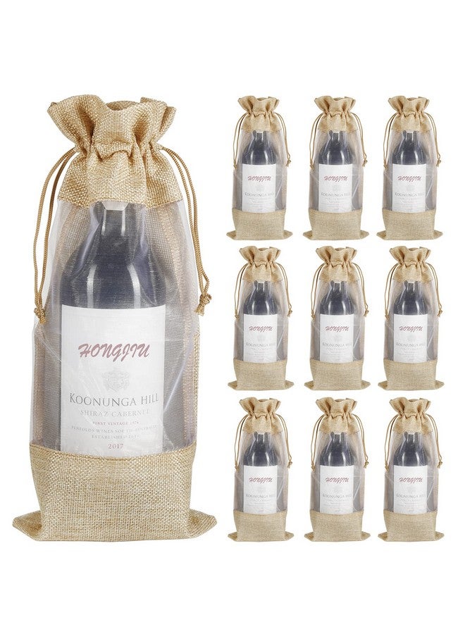 Shintop Jute Wine Bags 10Pcs Burlap Wine Bottle Gift Bags 750Ml With Sheer Window Organza Hessian Drawstring Gift Bags For Wedding Festival Wine Tasting Party Favors (14 X 6.3 Inches) - Image 1