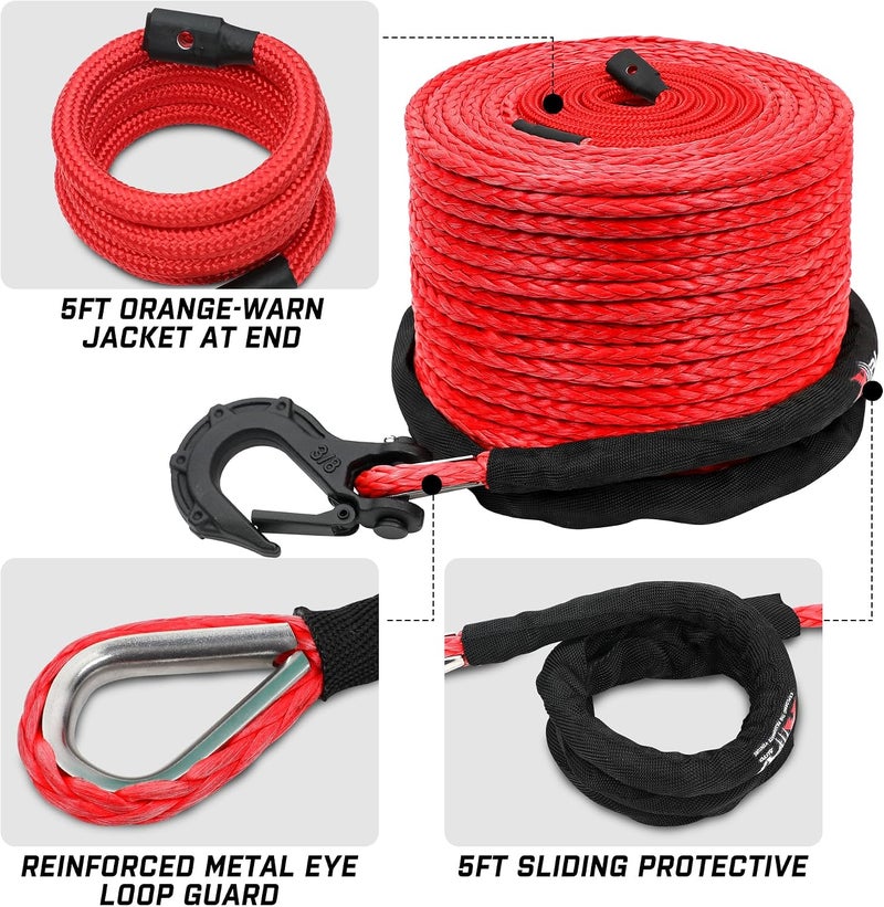 XPV AUTO 3/8" x 100ft Synthetic Winch Rope 23,809lbs Dyneema Winch Line Cable Rope with Hook and Sleeve Protection Red - Image 2