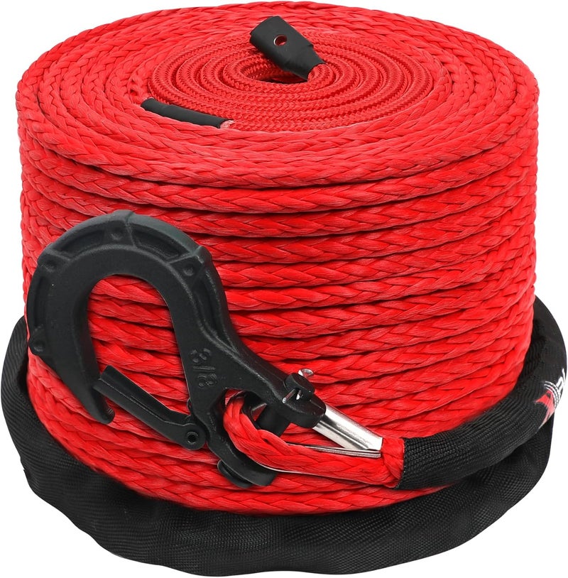 XPV AUTO 3/8" x 100ft Synthetic Winch Rope 23,809lbs Dyneema Winch Line Cable Rope with Hook and Sleeve Protection Red - Image 1