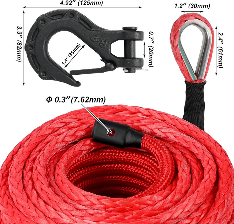 XPV AUTO 3/8" x 100ft Synthetic Winch Rope 23,809lbs Dyneema Winch Line Cable Rope with Hook and Sleeve Protection Red - Image 5