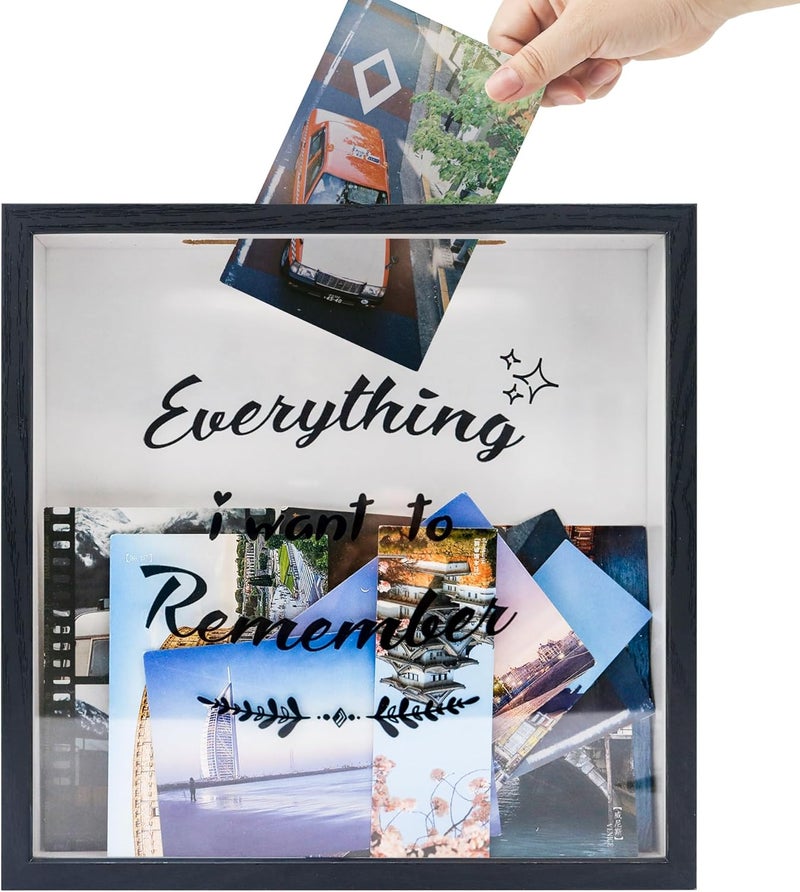 11.5x11.5 Archive Box Frame,Travel Memory Box Shadow Box with Slot for Tickets Keepsake Box Black - Image 1