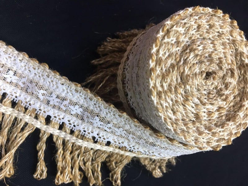 PCJS - 5 Meter Natural Jute Burlap Ribbon with White Lace and Jute Twine for DIY Projects, Party Décor, Gift-Wrapping, Vintage Wedding Home Décor, Scrapbooking - 5 MTR - Image 2